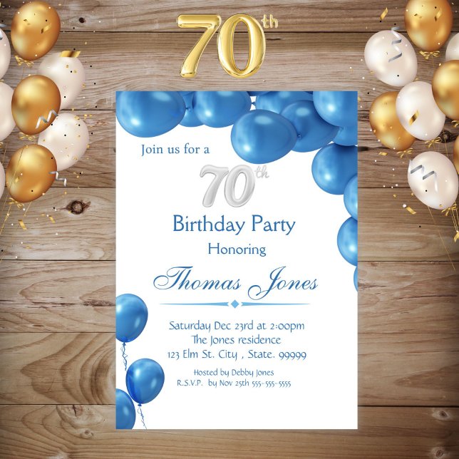 Blue Balloons 70th Birthday Invitation (Creator Uploaded)