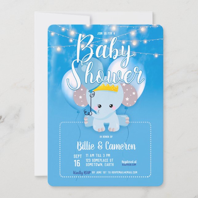 Blue Balloons Baby Elephant Script Baby Shower Invitation (Front)