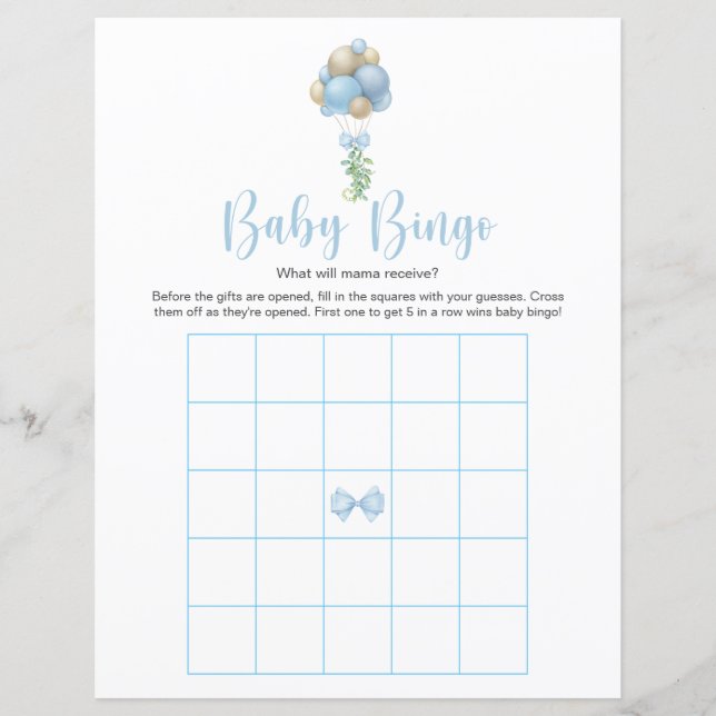 Blue Balloons Baby Shower Bingo Game (Front)