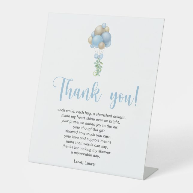 Blue Balloons Baby Shower Thank You Poem Pedestal Sign (Front)