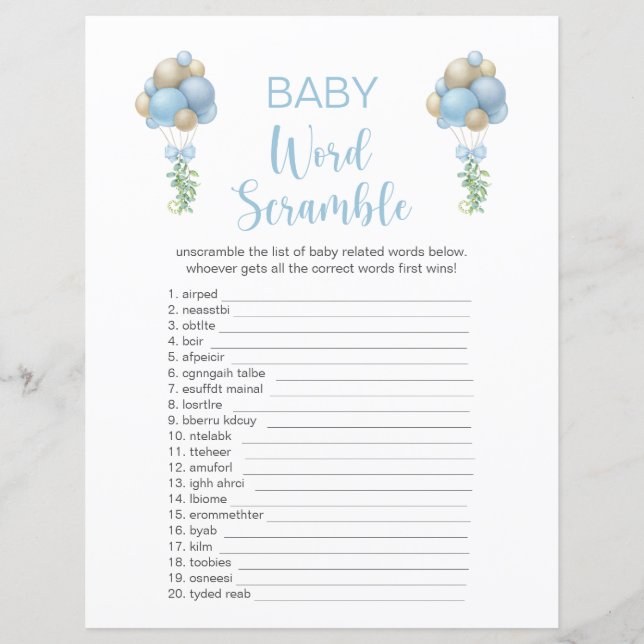 Blue Balloons Baby Shower Word Scramble (Front)