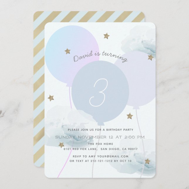 Blue Balloons & Clouds Birthday Party Invitation (Front/Back)