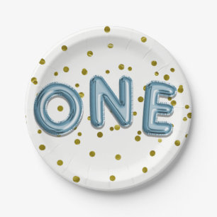Blue Balloons Gold Confetti ONE 1st Birthday Party Paper Plate