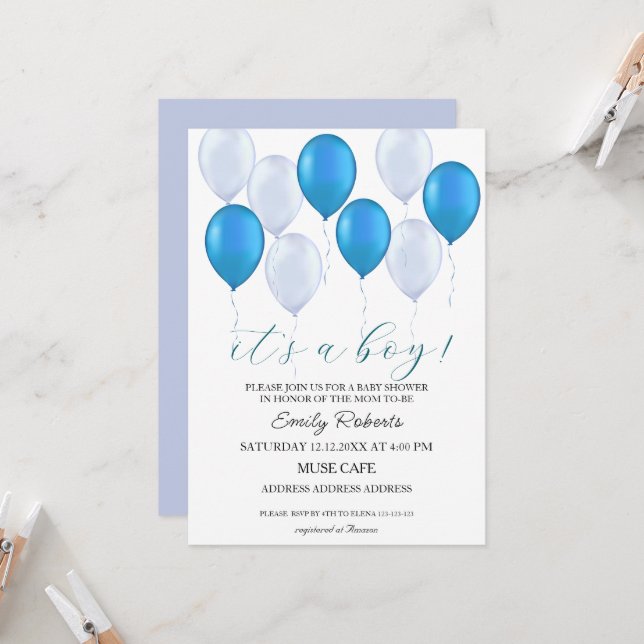 Blue Balloons It;s a boy Baby Shower Invitation (Front/Back In Situ)