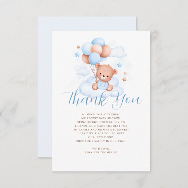Blue Balloons Teddy Bear Baby Shower  Thank You Card (Front/Back)