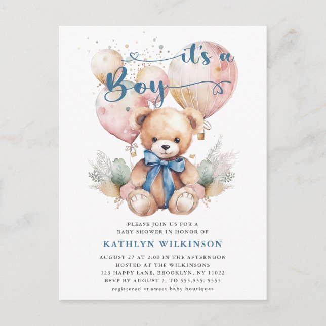 Blue Balloons Teddy Bear Cute Boy Baby Shower  Invitation Postcard (Front)
