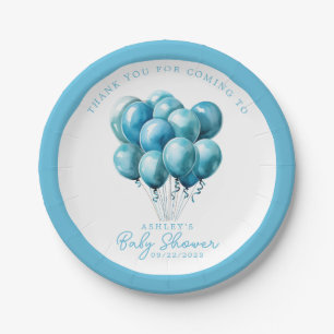 Blue Balloons Watercolor Boy Baby Shower Paper Plate