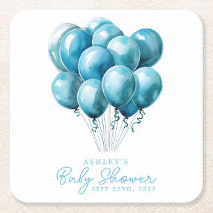 Blue Balloons Watercolor Boy Baby Shower Square Paper Coaster