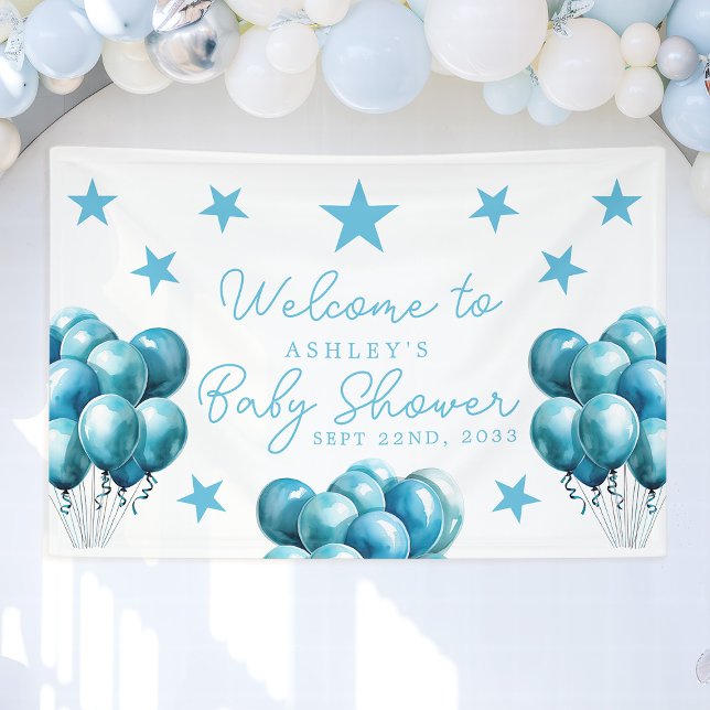 Blue Balloons Watercolor Boy Baby Shower Welcome Banner (Creator Uploaded)