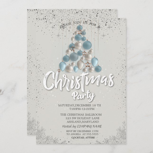 Blue Balls Stars Confetti Christmas Company Invitation (Front/Back)