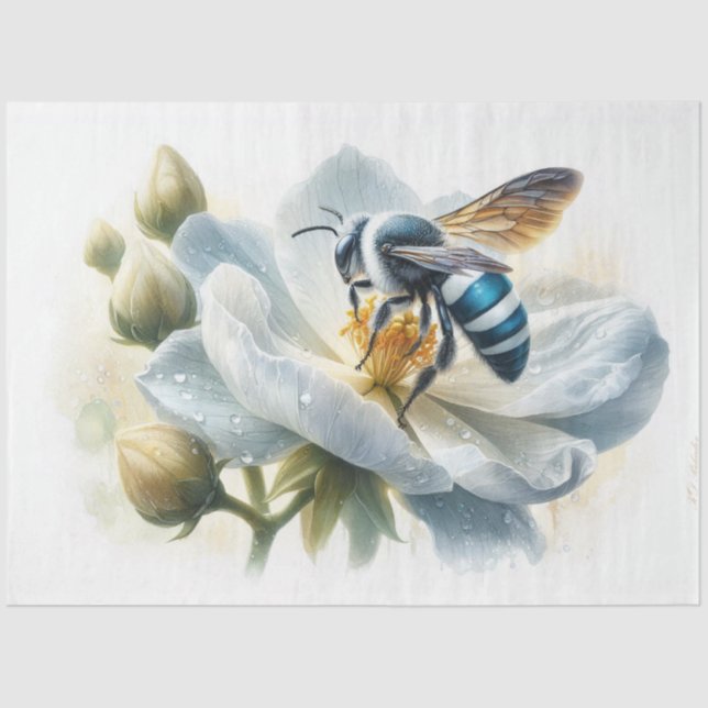 Blue Banded Bee on Apple Blossom Decoupage Tissue Paper (Front)