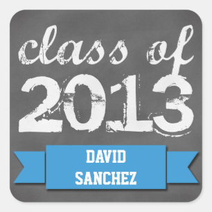 Blue banner ribbon chalkboard graduation class of square sticker