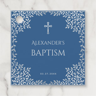 Blue Baptism Boy Faux Silver Leaves Cross Elegant Favour Tags