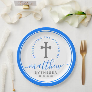 Blue Baptism Christening Naming Cross Paper Plate