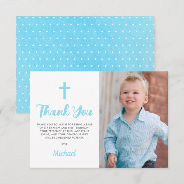 Blue Baptism Christening Religious Boy Photo Thank You Card (Front/Back)
