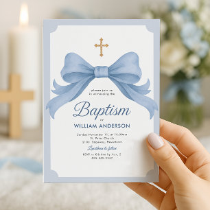 Blue Baptism Invitation with Cross and Bow