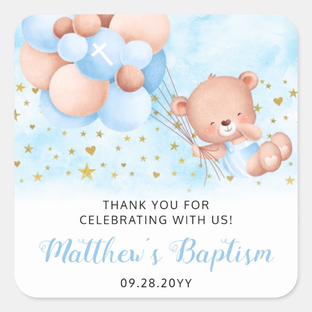 Blue Baptism Teddy Bear Thank You Baptism Favours  Square Sticker (Front)