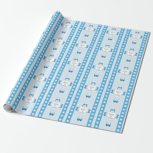 Blue Baptism Wrapping Paper for Boys (Unrolled)