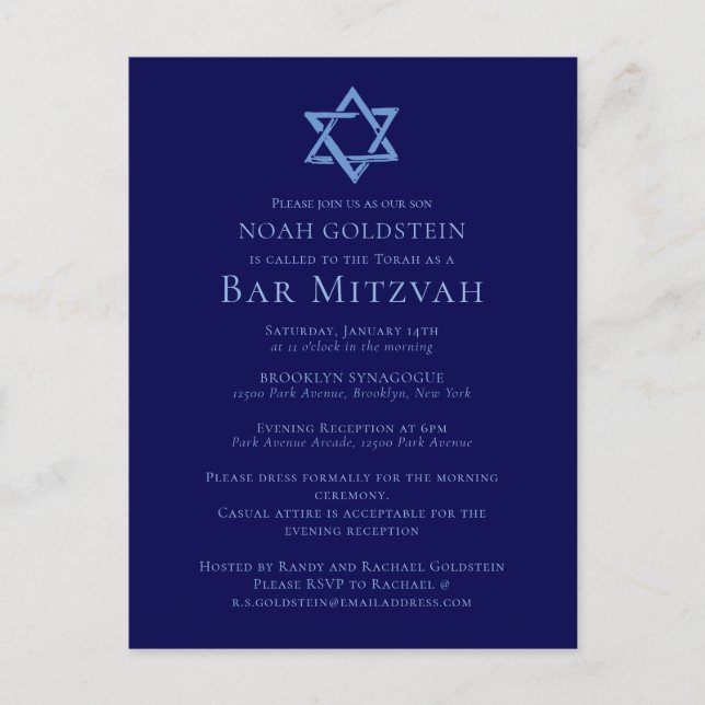 Blue Bar Mitzvah Artistic Star of David Party Postcard (Front)