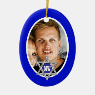 Blue bar mitzvah photo keepsake ceramic ornament