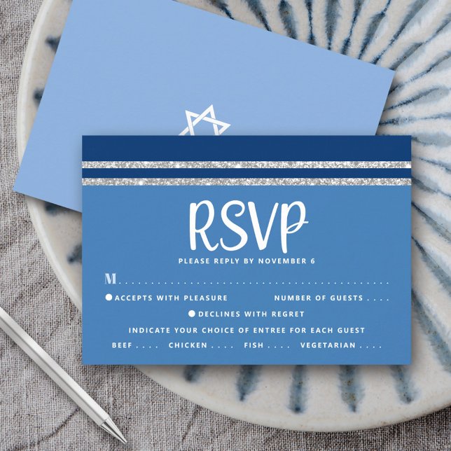 Blue Bar Mitzvah Silver Tallit Script Bold Modern RSVP Card (Creator Uploaded)