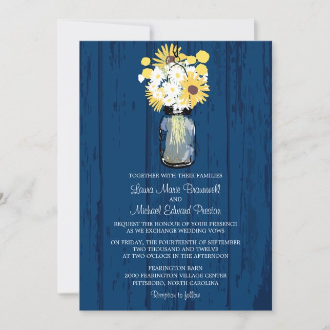 Blue Barn Mason Jar Daisies Sunflowers Wedding Invitation (Front)