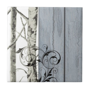 Blue Barn wood Country rustic Birch Tree Ceramic Tile
