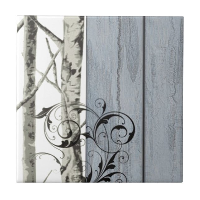 Blue Barn wood Country rustic Birch Tree Ceramic Tile (Front)