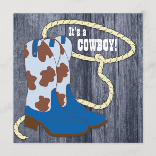 Blue Barn Wood Cowboy Baby Shower Invitation