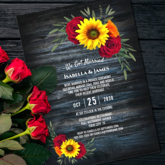 Blue Barn Wood Sunflower Rose Wedding Reception Invitation (Creator Uploaded)