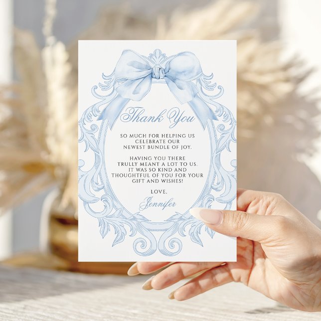 Blue Baroque Frame Bow Baby Boy Shower Thank You Card (Creator Uploaded)