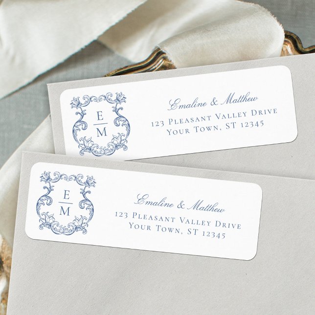 Blue Baroque Monogram Crest Wedding Return Address Label (Creator Uploaded)