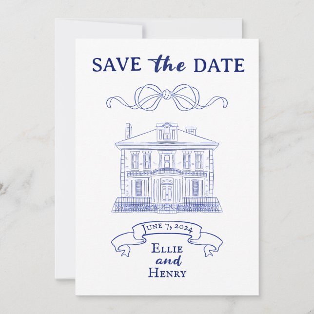 Blue Baroque Photo Save the Date Invitation (Front)