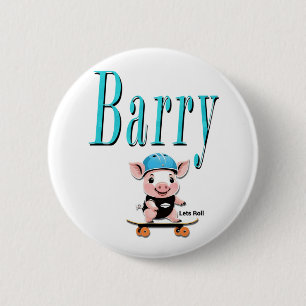 Blue Barry Name And Piggy Skateboarding, 6 Cm Round Badge
