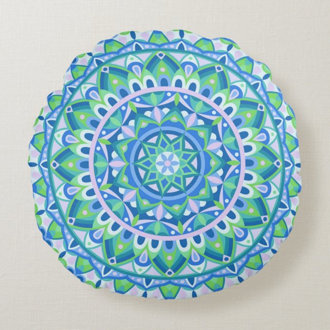Blue Base Mandala Round Pillow (Front)