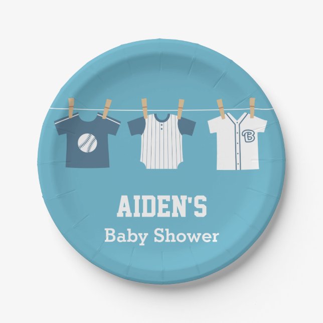 Blue Baseball Baby Boy Shower Supplies Paper Plate (Front)