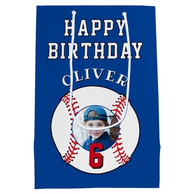 Blue Baseball Ball Kids Birthday Photo Medium Gift Bag (Back)
