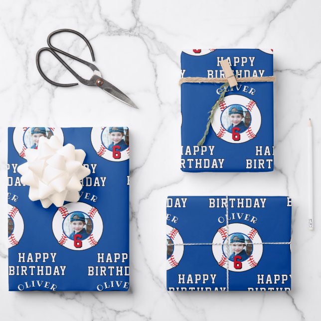 Blue Baseball Ball Kids Birthday Photo Wrapping Paper Sheet (Front)