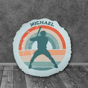 Blue Baseball Batter Retro Rainbow Round Cushion