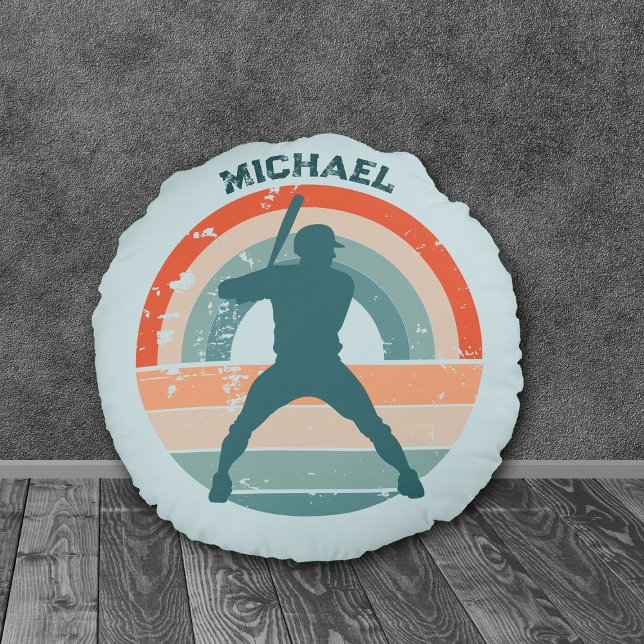 Blue Baseball Batter Retro Rainbow Round Cushion (Creator Uploaded)