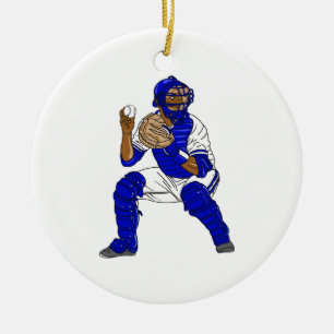 Blue baseball catcher ceramic ornament