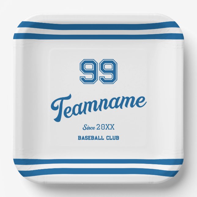 Blue Baseball Club Custom Player Number & TeamName Paper Plate (Front)