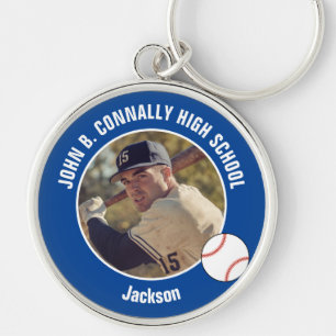 Blue Baseball Player Photo High School Spirit Key Ring