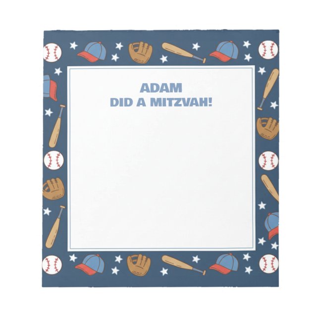 Blue Baseball Sport Theme Personalised Mitzvah  Notepad (Front)