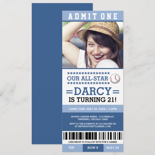 Blue Baseball Ticket Birthday Invites (Front/Back)