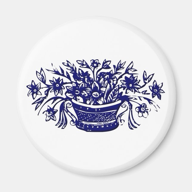 Blue Basket of Flowers Woodcut Artwork Magnet (Front)
