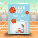 Blue Basketball Ball Sports Thank you Coach Card<br><div class="desc">Blue Basketball Ball Sports Thank you Coach Card. Basketball thank you coach card with photo, thank you text, coach name, team name, year, your name and basketball balls. Inside the card are basketball balls. Photo thank you card - add your photo into the template. Personalise the card with names and...</div>