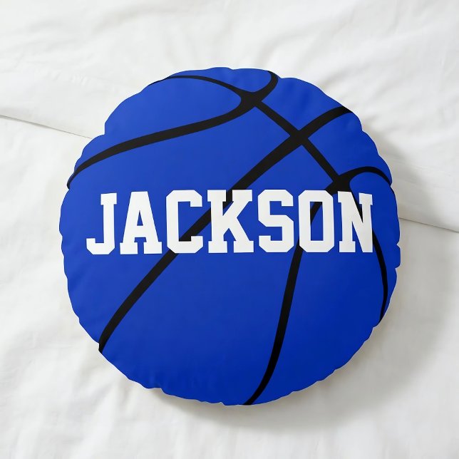 Blue Basketball Custom Round Throw Pillow (Personalized blue basketball pillow on bed.)