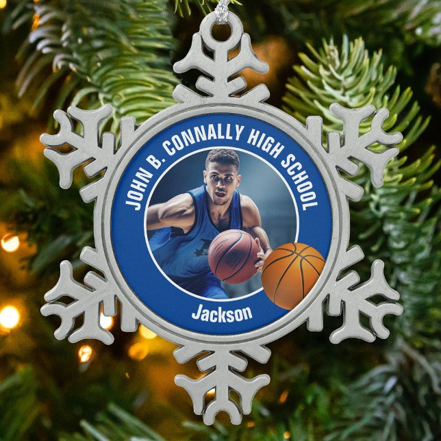 Blue Basketball Player Photo Keepsake Gift Snowflake Pewter Christmas Ornament (Creator Uploaded)