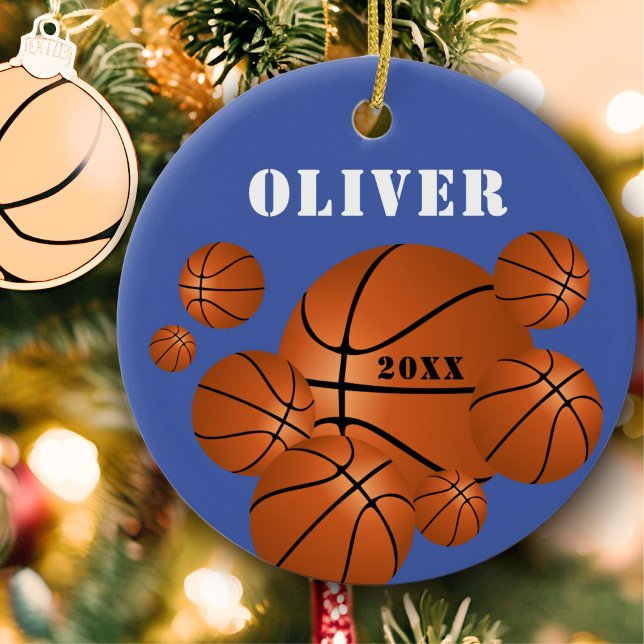 Blue Basketball Sports Kids Keepsake Christmas Ceramic Ornament (Creator Uploaded)